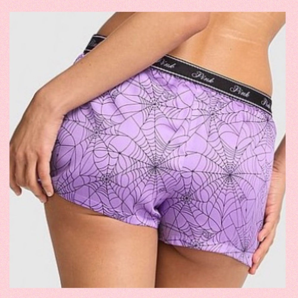 🕷️💜PINK VICTORIA’S SECRET Silky Pajama Shorts Purple Black Spiderwebs MEDIUM